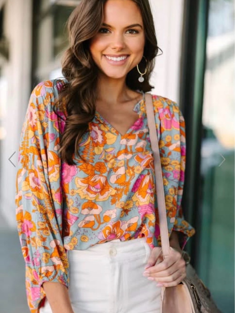 Women's Floral V-Neck Blouse in Light Blue, Pink & Mustard